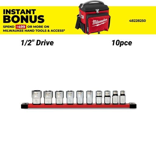 Milwaukee 48229114 10pce 1/2" Drive Standard SAE Socket Set with Storage Rail