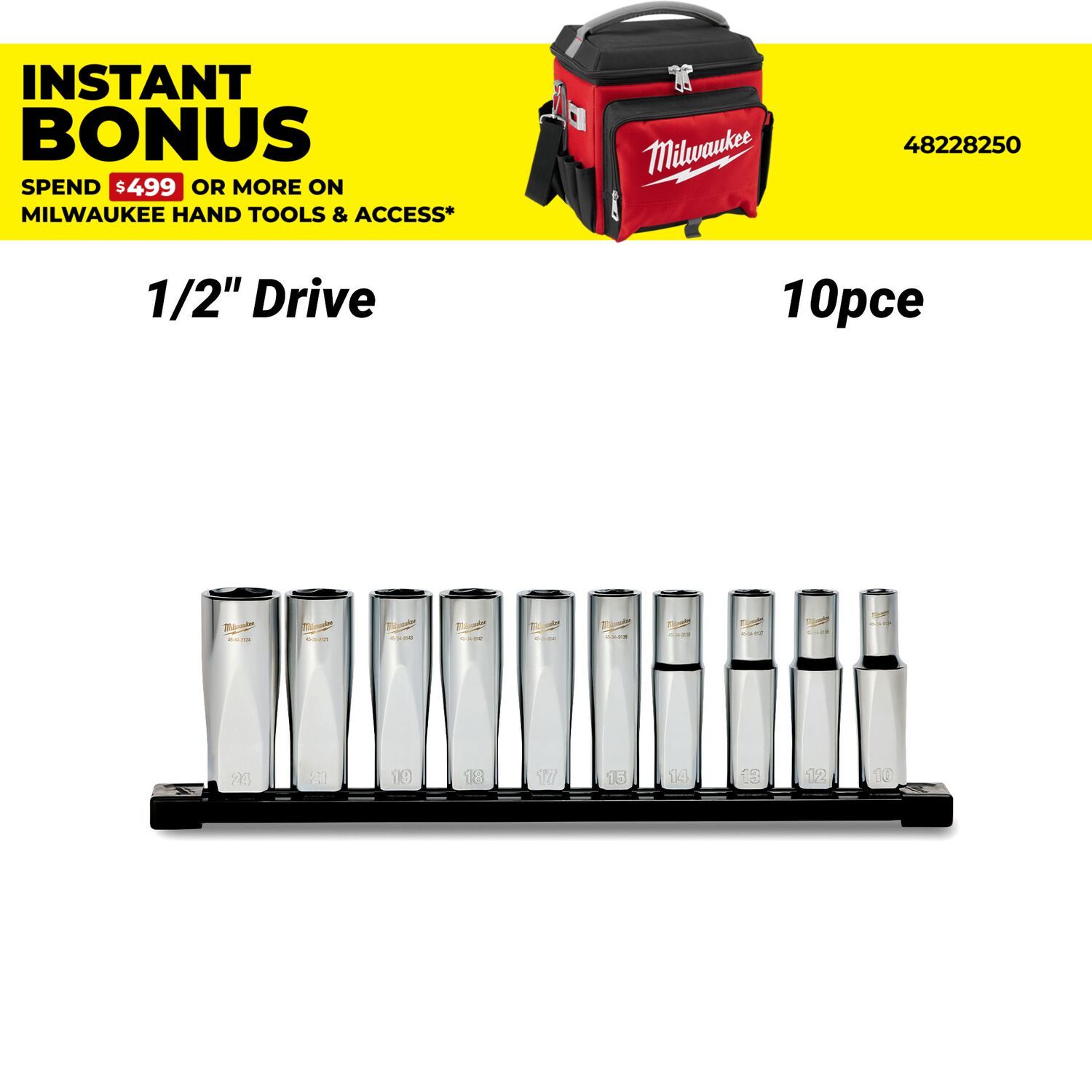 Milwaukee 48229113 10pce 1/2" Drive Deep Metric Socket Set with Storage Rail – image 1