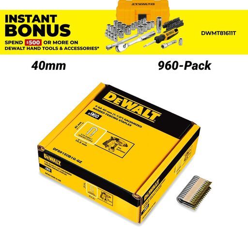 DeWalt DFS9150B1G-QZ 960-Pack 40mm (1.5") 9Ga Galvanised Barbed Fencing Staple to Suit DCFS950