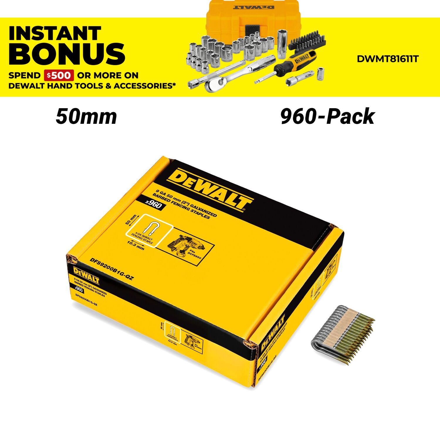 DeWalt DFS9200B1G-QZ 960-Pack 50mm (2") 9Ga Galvanised Barbed Fencing Staple to Suit DCFS950 – image 1