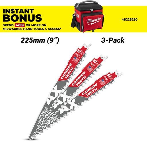 Milwaukee 48005332 3 Pack 225mm (9") 3TPI SAWZALL The AX with Carbide Teeth Pruning Blades