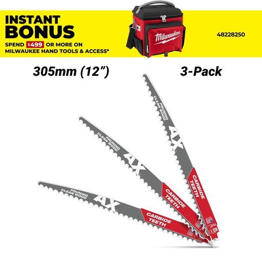 Milwaukee 48475333 (48005333) 3 Pack 305mm (12") 3TPI SAWZALL The AX with Carbide Teeth Pruning Blades