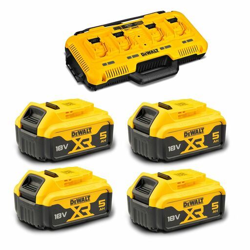 DeWalt DCB104-XE + DCB184-XE 12V-18V-54V FlexVolt XR Li-ion 4 Port Simulataneous Fast Battery Charger +  4 x 18V 5.0Ah XR Li-Ion Cordless Slide Battery