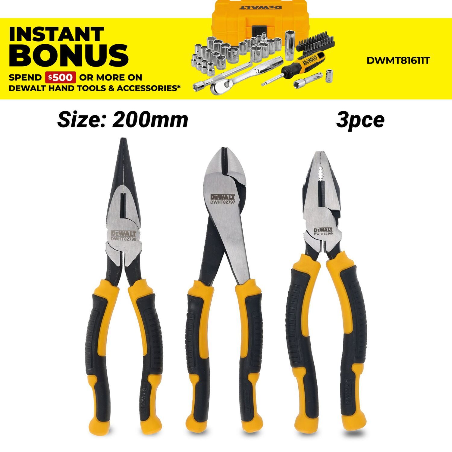DeWalt DWHT82814-0 3pce 200mm Laser Hardened Long Nose Pliers – image 1
