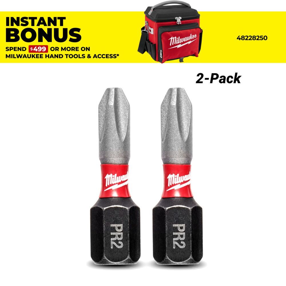 Milwaukee 48324444 2-Pack Phillips Reduced Diameter #2 SHOCKWAVE Insert Bit – image 1