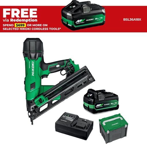 HiKOKI NT1865DAASP1Z 18V 5.0Ah / 36V 2.5.Ah Li-ion MultiVolt Gasless 15G Angle Finishing Nailer Combo Kit