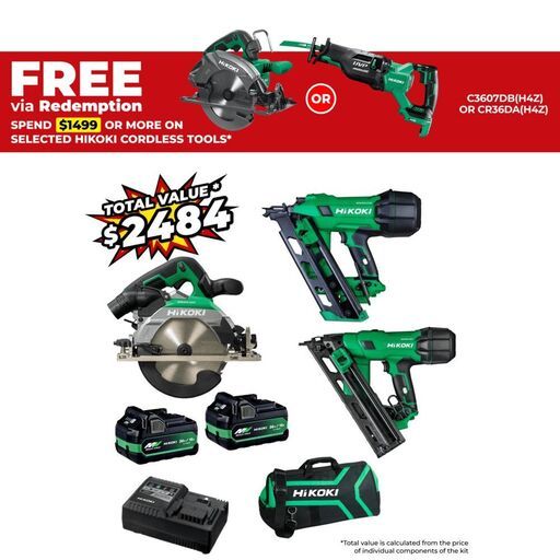 HiKOKI FRAMERPROCIRCHRZ (AU48000058) 18V 5.0Ah / 36V 2.5Ah Li-ion Cordless Brushless Gasless 90mm Framing Nailer & 15G Finishing Nailer Combo Kit with BONUS Circular Saw