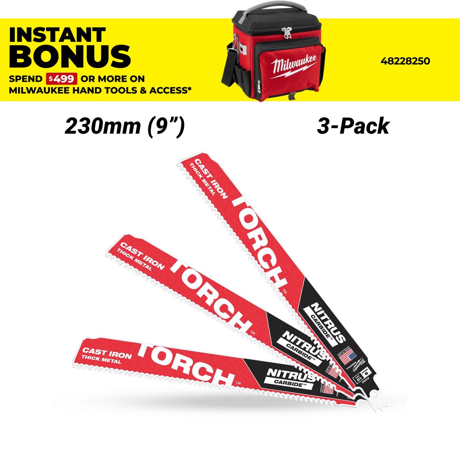 Milwaukee 48476352 3-Pack 230mm (9") SAWZALL™ The TORCH™ with NITRUS CARBIDE Teeth 10TPI Blade – image 1
