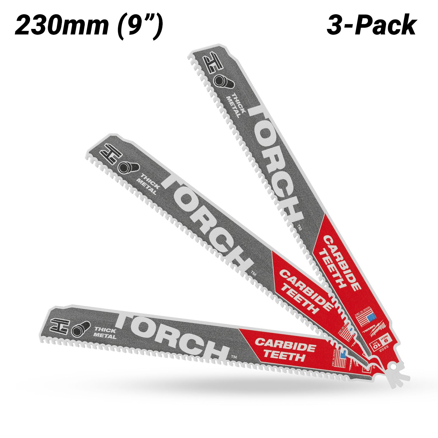 Milwaukee 48475352 3-Pack 230mm (9") SAWZALL™ The TORCH™ with Carbide Teeth 10TPI Blade – image 2