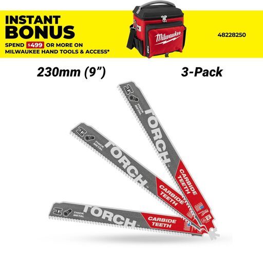 Milwaukee 48475352 3-Pack 230mm (9") SAWZALL™ The TORCH™ with Carbide Teeth 10TPI Blade