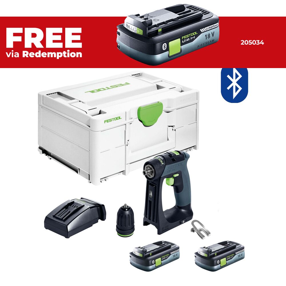 Festool CXS 18 C4.0-Plus (578283) 18V CXS 4.0Ah Li-ion High Power Cordless Bluetooth Compact 2 Speed Drill Combo Kit with Systainer – image 1