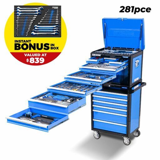 Kincrome K1227B 281pce Blue EVOLUTION 26" Workshop Tool Kit with 7 Drawer Tool Chest + 7 Drawer Roller Cabinet with BONUS 30pce Single Way Gear Spanners in EVA Tray
