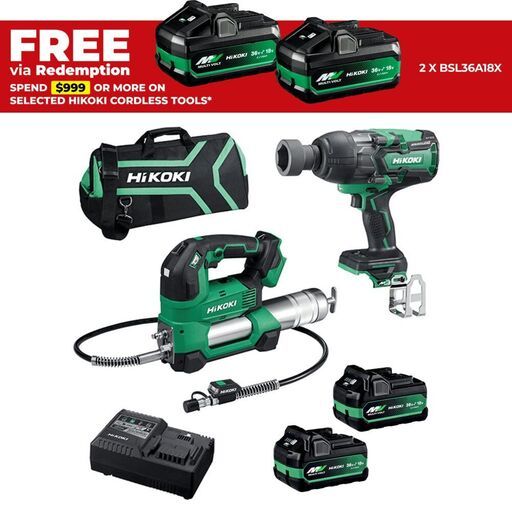 HiKOKI AL18DWR(HRZ) 36V 2.5Ah / 18V 5.0Ah Li-ion MultiVolt Cordless Brushless Grease Gun & Wrench 2pce Combo Kit