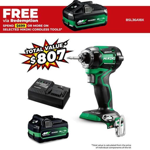 HiKOKI WH36DC(VP) 36V 5.0Ah/2.5.Ah Li-ion Cordless Brushless IP56 1/4" Impact Driver Value Pack Combo Kit