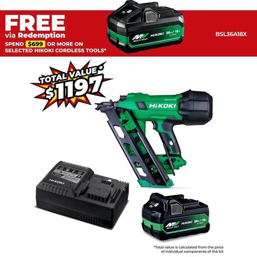 HiKOKI NR1890DCA(VP) 18V 5.0Ah/2.5.Ah Li-ion MultiVolt Cordless Brushless Gasless 90mm Framing Nailer Value Pack Combo Kit