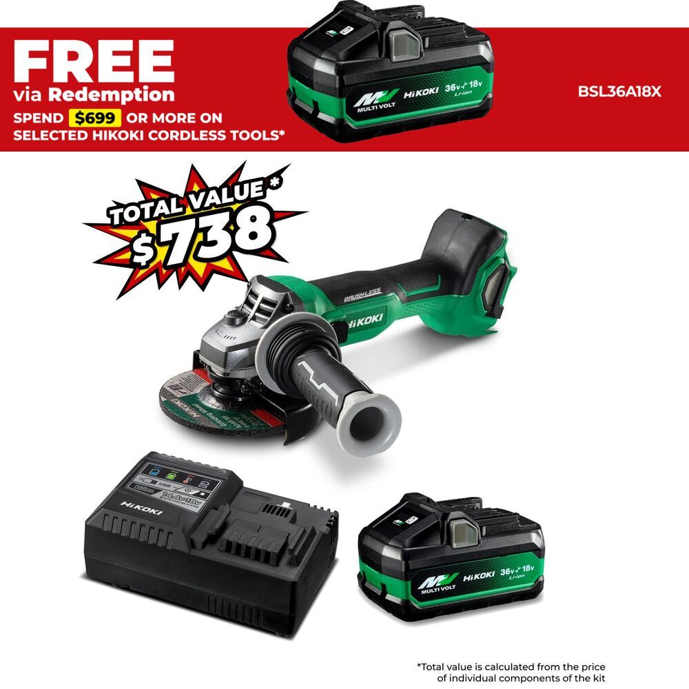 HiKOKI G1813DASP1Z (AU40100013) 18V MulitVolt Li-ion Cordless Brushless 125mm (5") Angle Grinder with Slide Switch Combo Kit – image 1