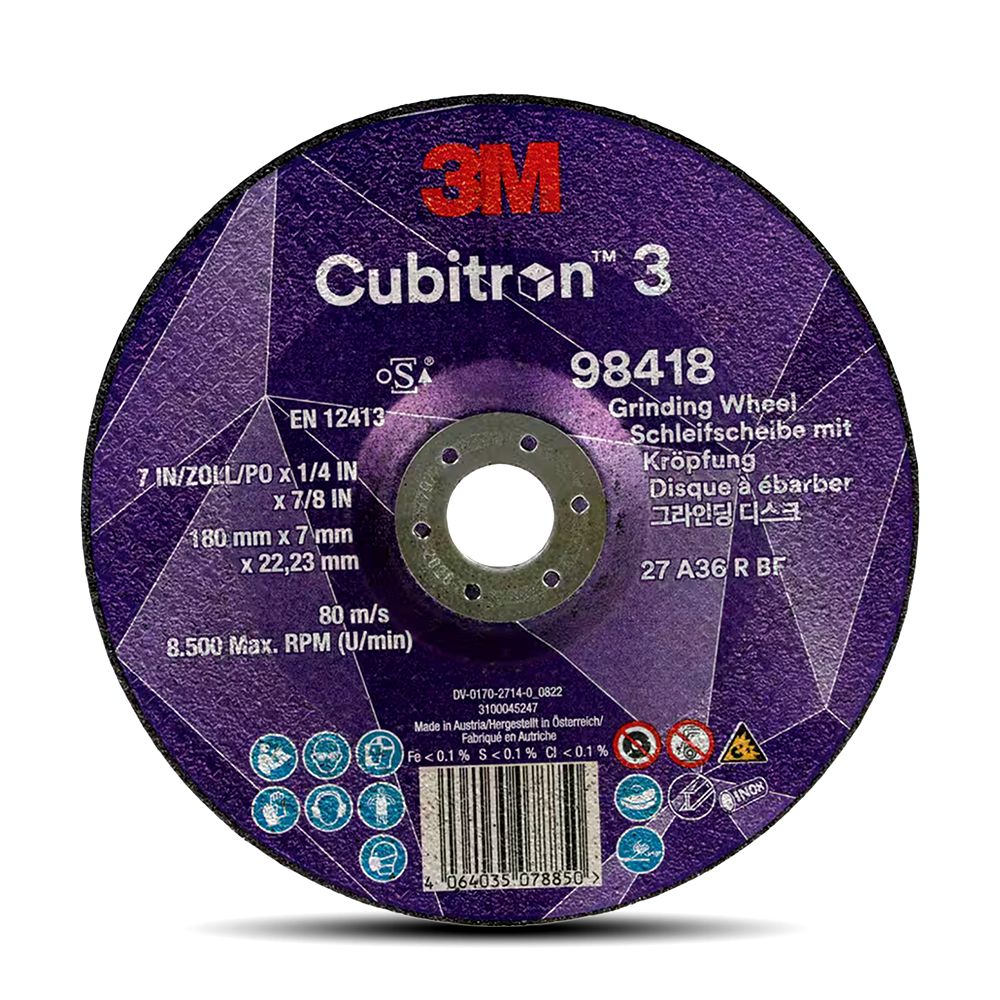 3M 7100303980-20PK 20-Pack 180mm x 7mm x 22.23mm 36+GRIT CUBITRON 3 Depressed Center Grinding Wheel – image 2
