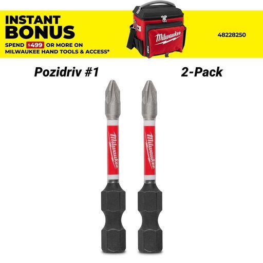 Milwaukee 48324834 2-Pack 50mm (2") SHOCKWAVE Pozidriv #1 Power Bit