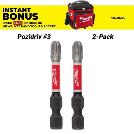Milwaukee 48324836 2-Pack 50mm (2") SHOCKWAVE Pozidriv #3 Power Bit