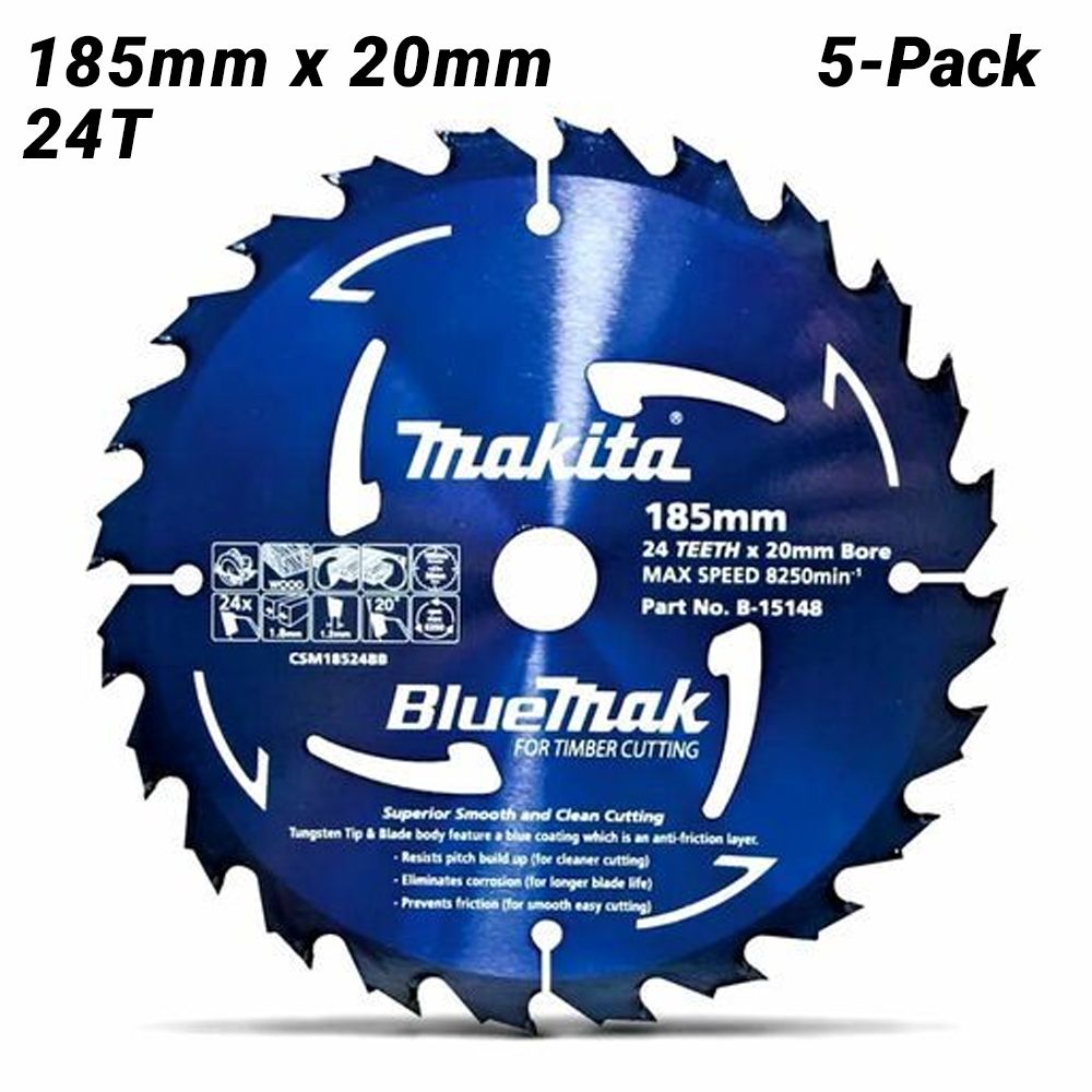 Makita B-15148-5 5-Pack 185mm x 20mm 24T BlueMak Circular Saw Blade For Wood Cutting – image 1