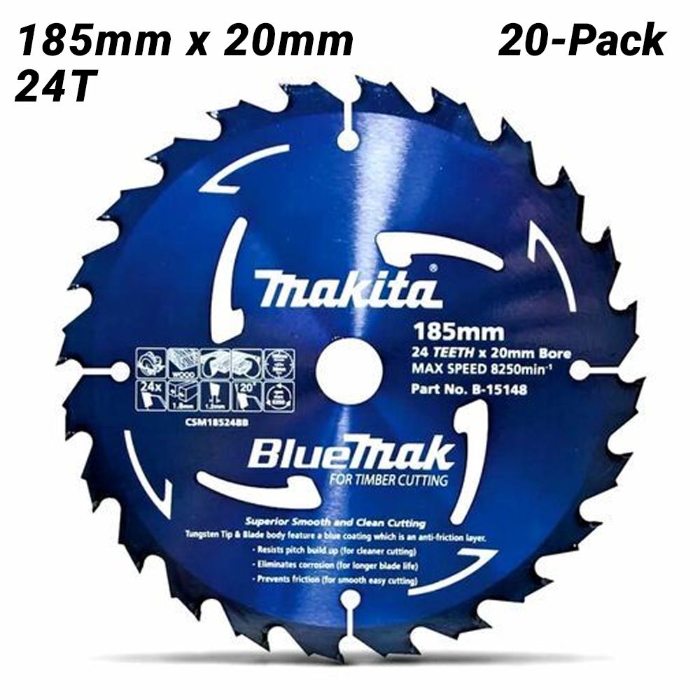 Makita B-15148-20 20-Pack 185mm x 20mm 24T BlueMak Circular Saw Blade For Wood Cutting – image 1