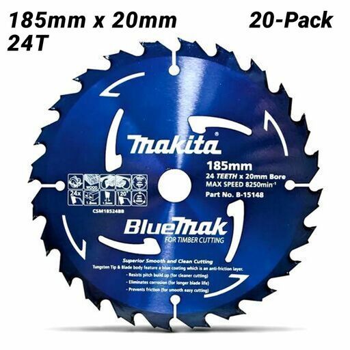 Makita B-15148-20 20-Pack 185mm x 20mm 24T BlueMak Circular Saw Blade For Wood Cutting