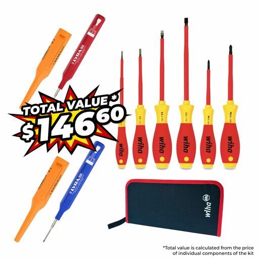 Wiha STPKTT26 6pce Softfinish Screwdriver Set with Lyra 35mm x 1mm Telescopic Tip Anti Roll Markers (Red & Blue)