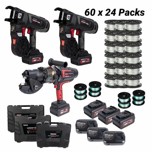 RAPIDTOOL WGW-60B 18V 5.0Ah Cordless 12-44mm WRAPTOR Rebar Tying Machine 3pce Combo Kit + 60 x 24-Pack 1.3mm Galvanised WRAPTOR Tie Wire Pack