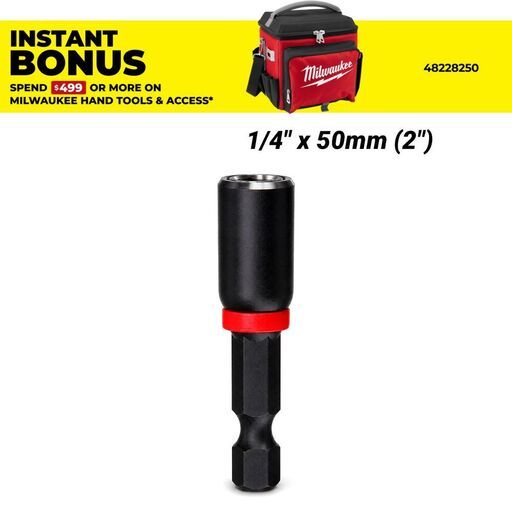 Milwaukee 49664502 1/4" x 50mm (2") SHOCKWAVE Magnetic Nut Driver Power Bit