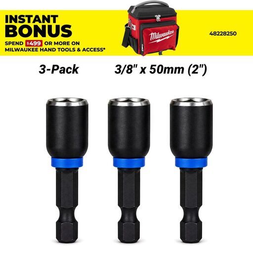 Milwaukee 49664525 3-Pack 3/8" x 50mm (2") SHOCKWAVE Magnetic Nut Driver Power Bits