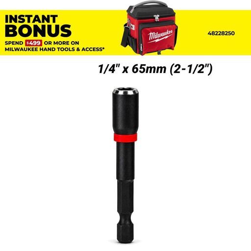 Milwaukee 49664532 1/4" x 65mm (2-1/2"") SHOCKWAVE Magnetic Nut Driver Power Bit