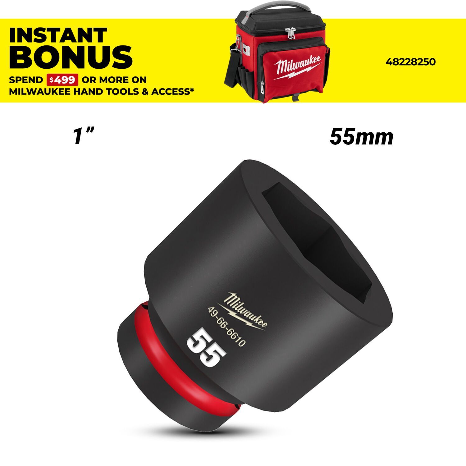 Milwaukee 49666610 1" Drive 55mm SHOCKWAVE Standard 6 Point Impact Socket – image 1