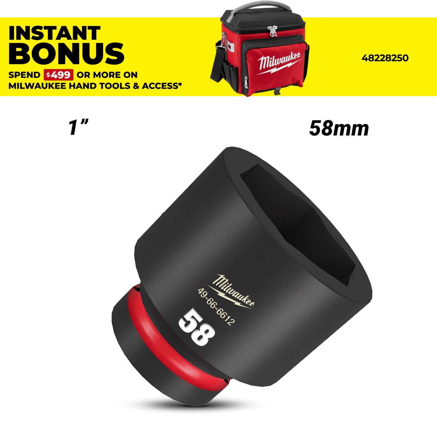 Milwaukee 49666612 1" Drive 58mm SHOCKWAVE Standard 6 Point Impact Socket – image 1