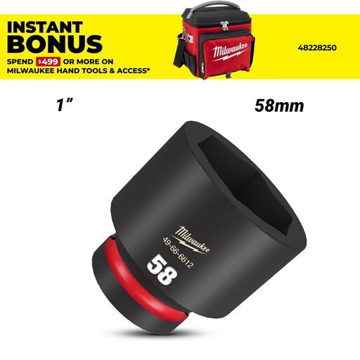 Milwaukee 49666612 1" Drive 58mm SHOCKWAVE Standard 6 Point Impact Socket