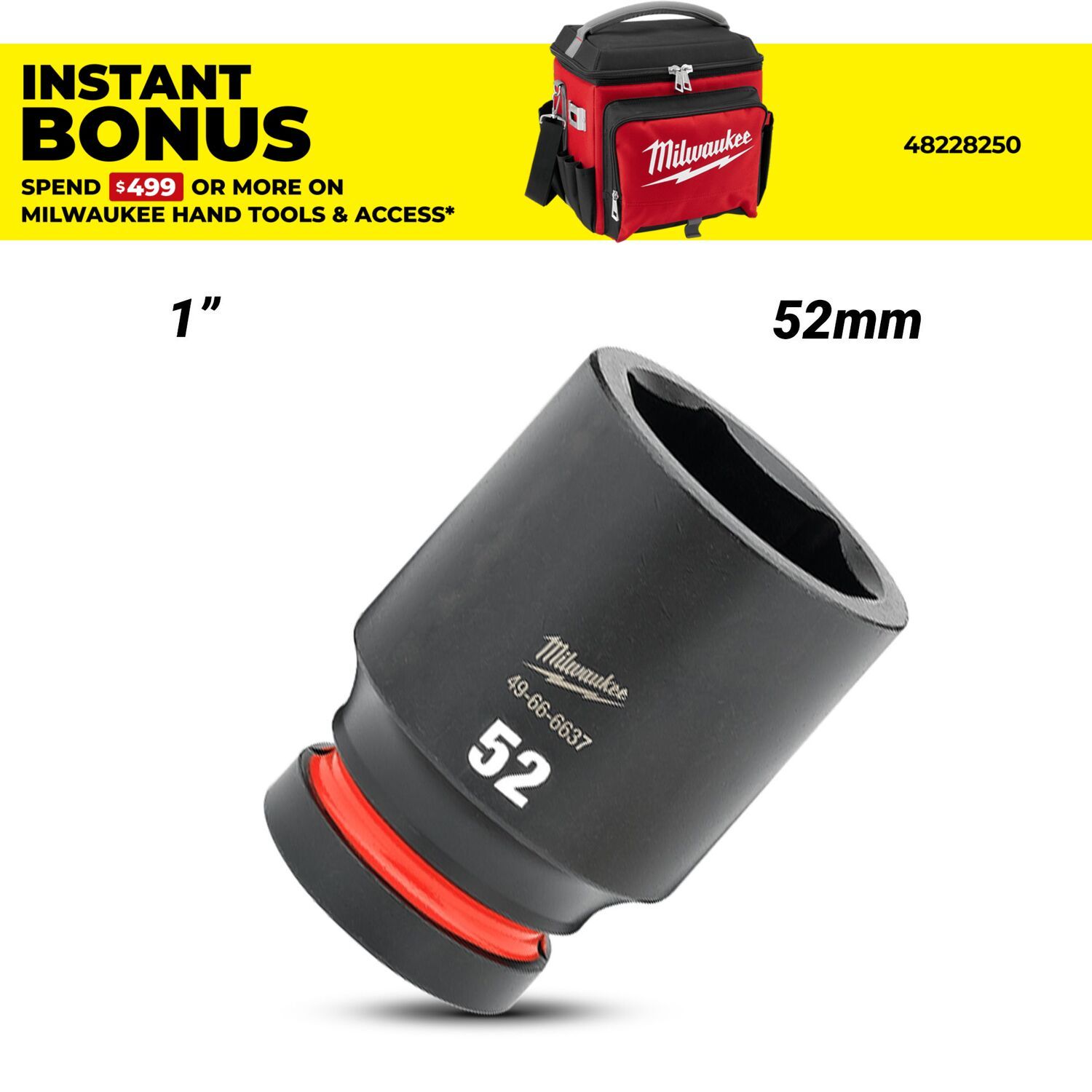 Milwaukee 49666637 1" Drive 52mm SHOCKWAVE Deep 6 Point Impact Socket – image 1