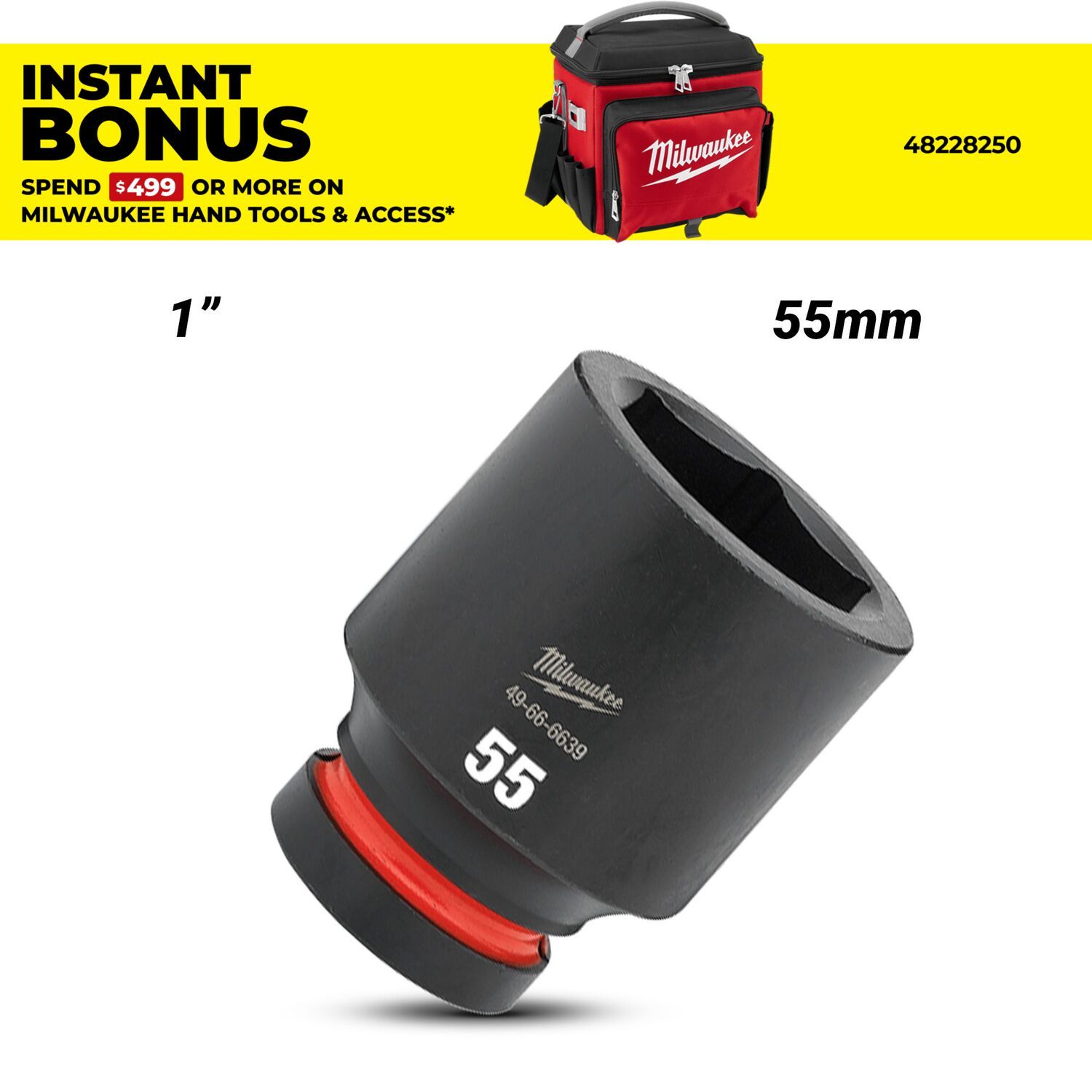 Milwaukee 49666639 1" Drive 55mm SHOCKWAVE Deep 6 Point Impact Socket – image 1
