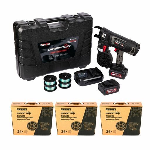 RAPIDTOOL WGW-3A 18V 5.0Ah Cordless 12-44mm WRAPTOR Rebar Tying Machine Starter Combo Kit + 3 x 24-Pack 1.3mm Galvanised Wraptor Tie Wire Pack