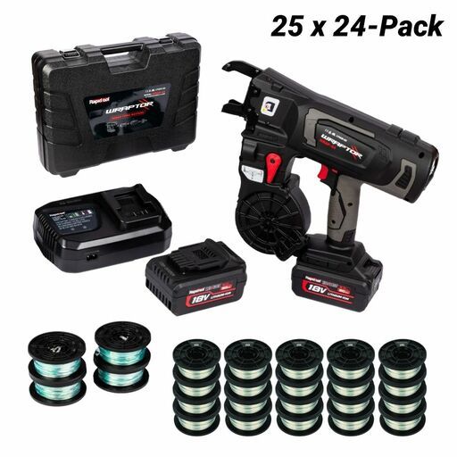 RAPIDTOOL WGW-25A 18V 5.0Ah Cordless 12-44mm WRAPTOR Rebar Tying Machine Combo Kit + 25 x 24-Pack 1.3mm Galvanised WRAPTOR Tie Wire Pack