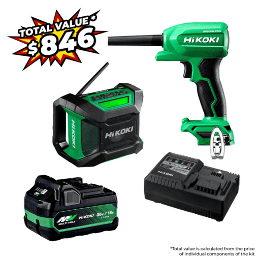 HiKOKI UR18DRAPMZ (AU48000082) 18V 5.0Ah/2.5.Ah Li-ion MultiVolt Cordless Brushless Worksite Audio + Cleaning Combo Kit