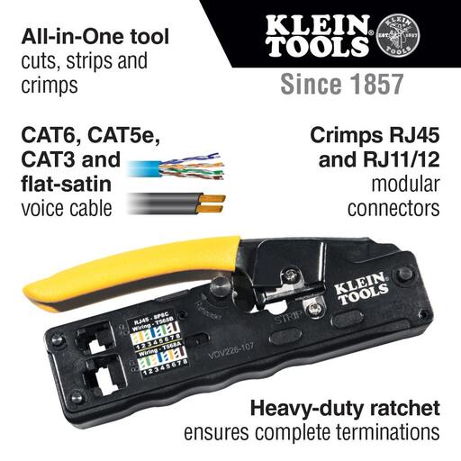 Klein A-VDV226-107 Ratcheting Data Cable Crimper Stripper Cutter Compact – image 6