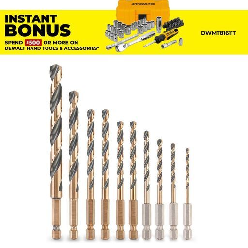DeWalt DT20620-QZ 10pce Black & Gold 1/4" HSS-G Metal Hex Drill Bit Set