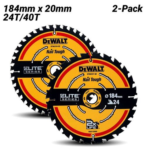 DeWalt DT10404-QZ 2-Pack 184mm x 20mm 24T/40T Extreme Circular Saw Blades – image 2