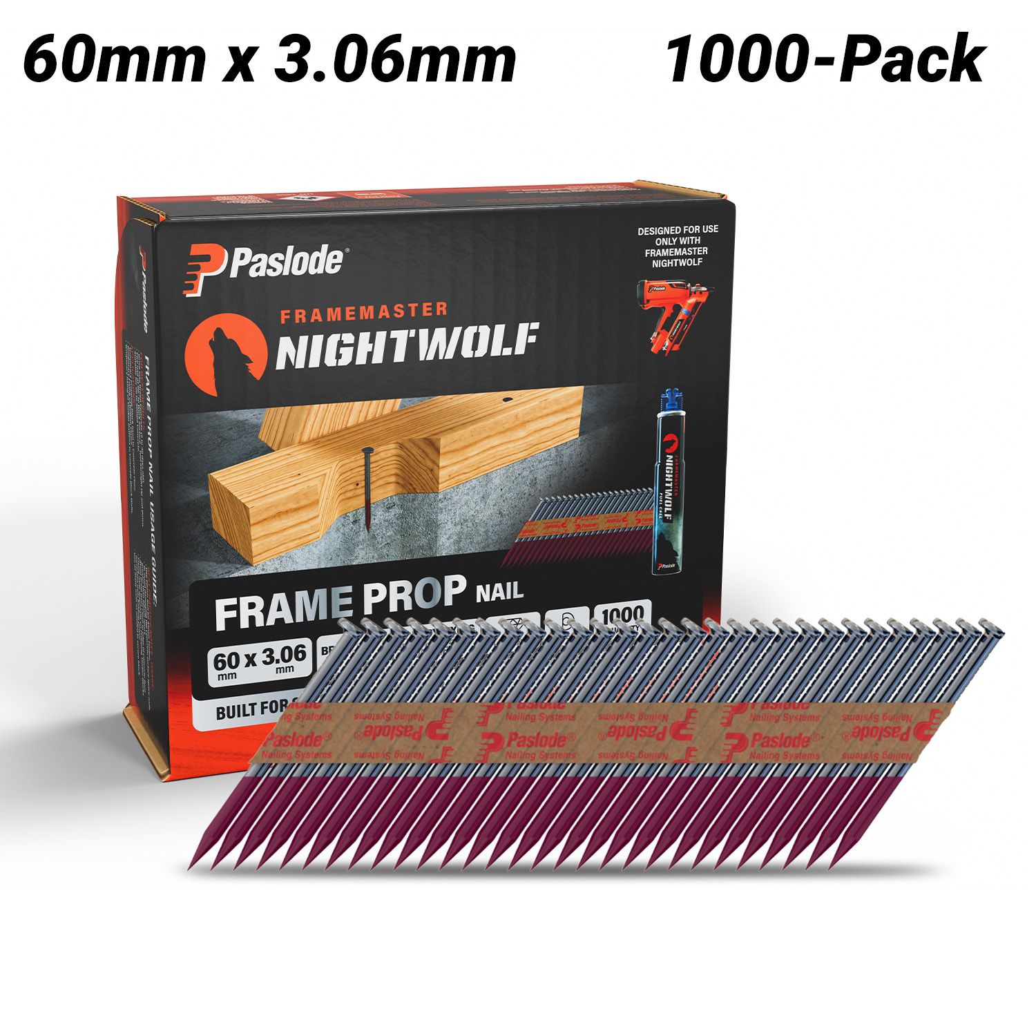 Paslode NW102 1000-Pack FrameMaster NightWolf 60mm x 3.06mm Bright Steel Frame Prop Nail – image 1