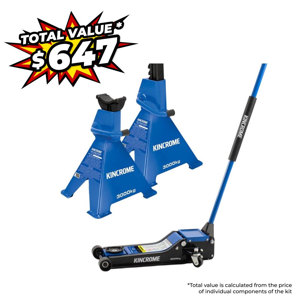 Kincrome K12165+K12073 2,000kg Hydraulic Super Low Profile Garage Jack + 2-Pack 2,000kg Ratchet Jack Stand – image 1