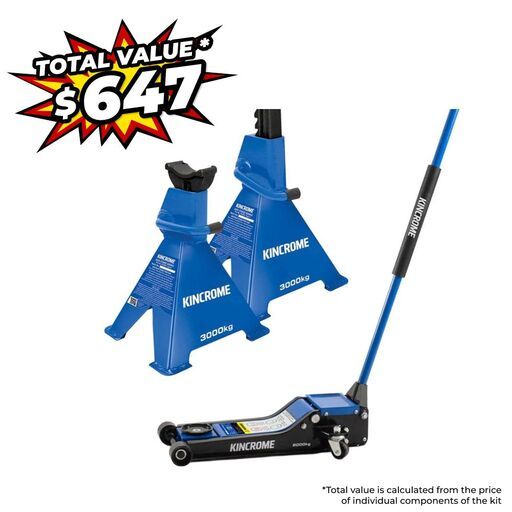 Kincrome K12165+K12073 2,000kg Hydraulic Super Low Profile Garage Jack + 2-Pack 2,000kg Ratchet Jack Stand