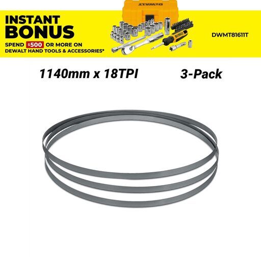 DeWalt DT8478-QZ 3-Pack 1140mm x 18TPI Bi-Metal Bandsaw Blade to Suit DCS374N