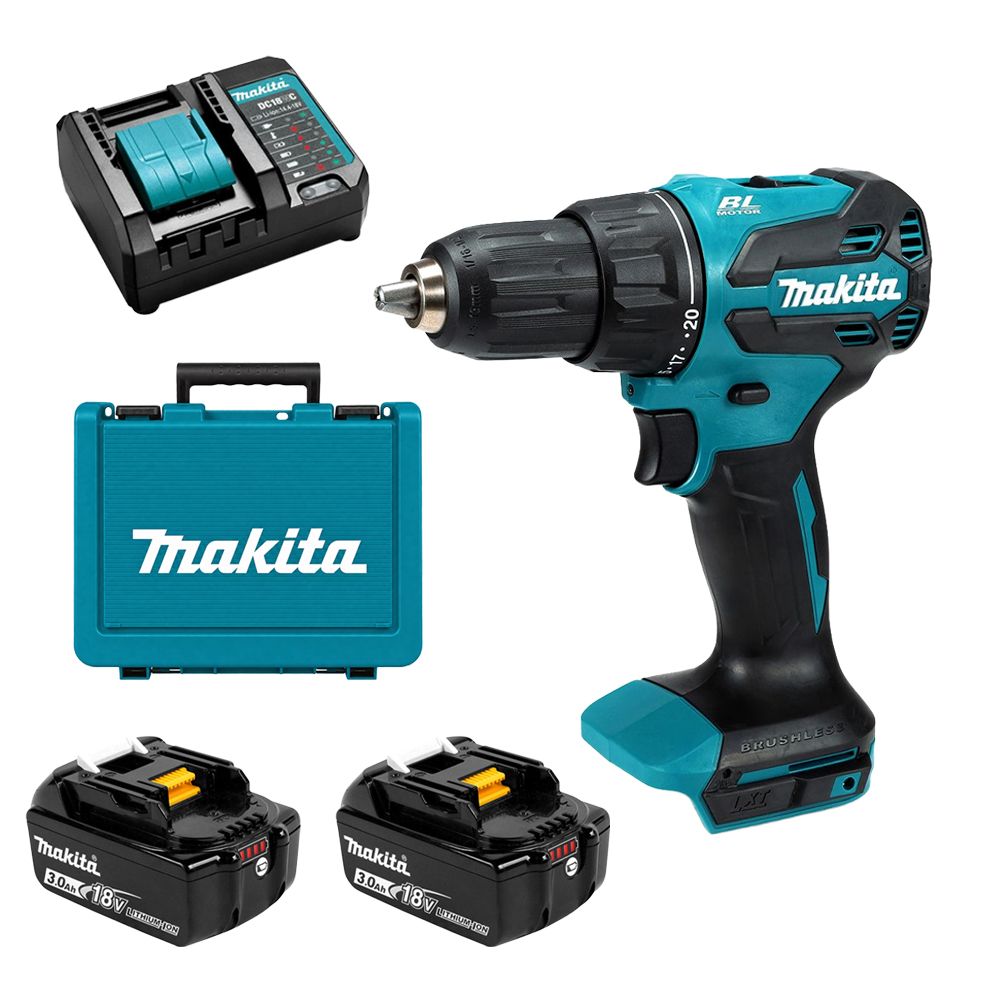 Makita DHP490WFE 18V 3.0Ah Li-ion Cordless Brushless 13mm Hammer Driver Drill Combo Kit – image 1