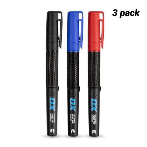 OX Tools OX-T710602 3-Pack OX TuffMark Construction Marker Fine - Black, Blue, Red