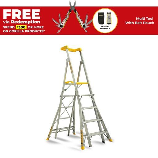 Gorilla RPL0508-LVL 1.45m-2.34m 150kg Compact Aluminium Adjustable Platform Ladder with Integrated Quad Leveller