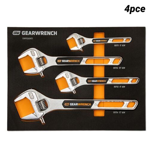 GEARWRENCH GWMSAJW01 4pce 6", 8", 10" & 12" Adjustable Wrench Set with Foam Storage Tray